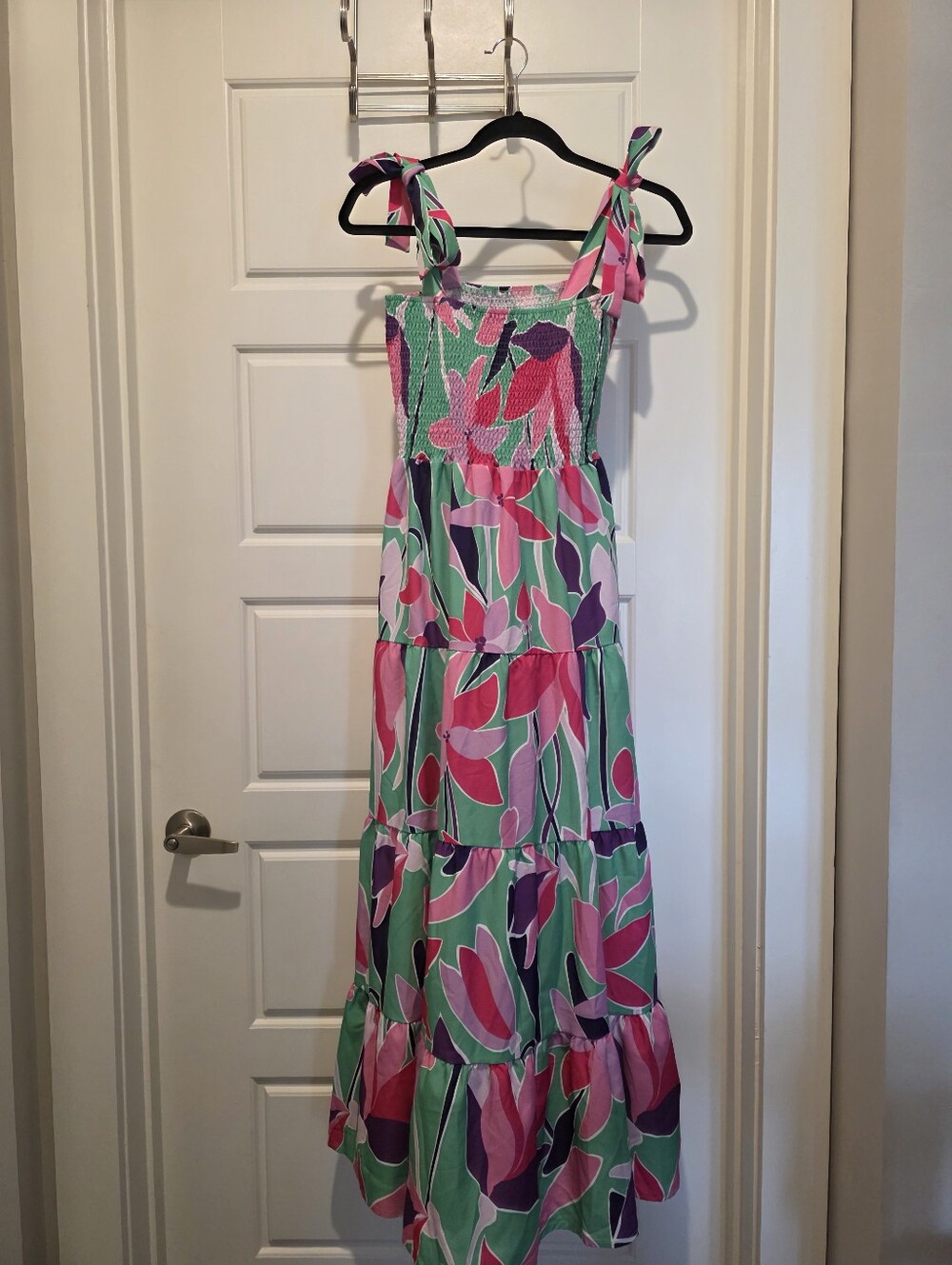 Women's' Pink & Green Floral Tie-Shoulder Maxi Dress